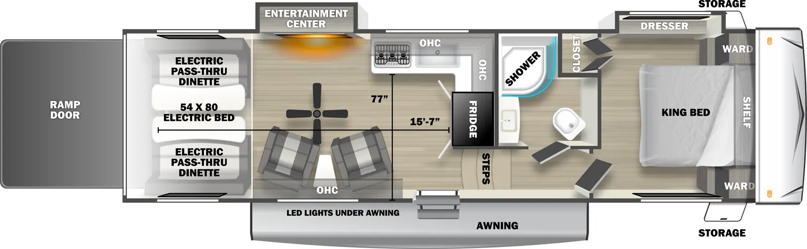 The 2800RLT fifth wheel has 2 slide outs on the off-door side, 1 entry door and 1 rear ramp door. Exterior features include an awning with LED lights and front opposing side storage access. Interior layout from front to back includes front bedroom with foot-facing King bed, shelf over the bed, front corner wardrobes, front facing closet and off-door side slideout holding a dresser; off-door side bathroom with radius shower, toilet and single sink vanity; 3 steps down into the kitchen area with off-door side L-shaped countertop, stovetop, L-Shaped overhead cabinets, sink and rear facing refrigerator; 2 door side recliners with end table; ceiling fan; off-door side slideout holding and entertainment center; and rear 54 x 80 electric bed over electric pass-through dinette. Cargo length from rear of unit to refrigerator is 15 ft. 7 in. Cargo width from countertop to door side wall is 77 inches.